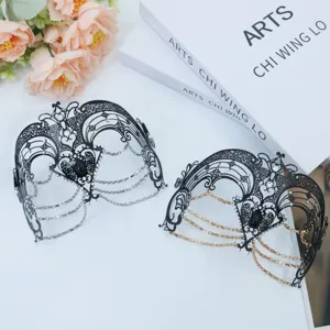 Metal Venice masquerade mask with sparkling rhinestones and chains, perfect for Halloween parties.