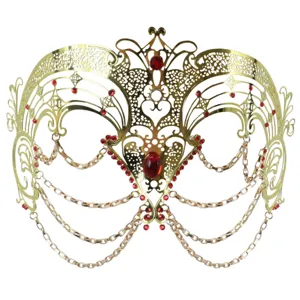 Goldene filigrane Metall Maskerade Maske mit roten Strasssteinen und Ketten für Party.