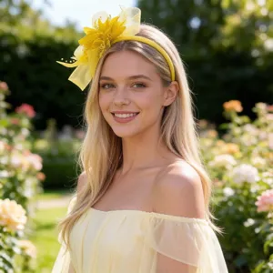 Garden scene detail of yellow mesh feather flower headband hair accessory for party prom styling