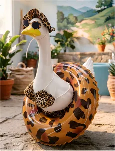 23 inch porch goose summer leopard bikini outfit set with hat and sunglasses for outdoor yard decor.