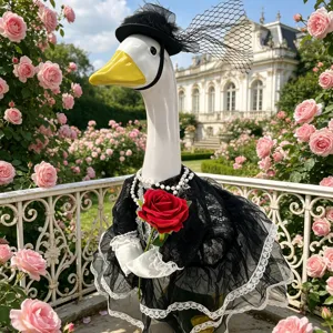 Elegante vestito di pizzo nero per statua di oca da giardino, perfetto per le feste.