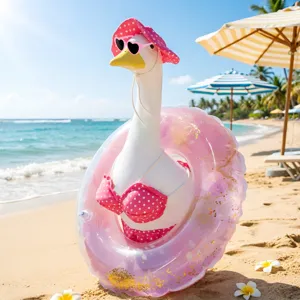 Detailed view of the cute goose summer bikini outfit prop with sunglasses and pink swim ring.