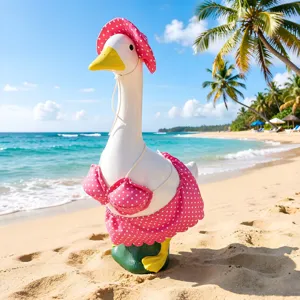 Detailopname van de veranda-gans met een schattige roze gestippelde bikini op een zonnig strand.