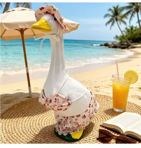 23 inch grote witte gans tuinbeeld met bloemen bikini en zonnehoed voor veranda decor.