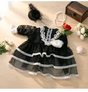 Zwarte rozen kant jurk set voor huisdier gans, gotische stijl feestkostuum met accessoires.