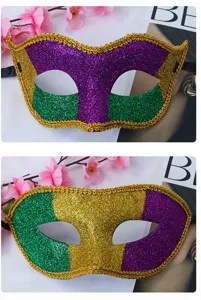 Glitter masquerade mask for festive party celebration, Mardi Gras half face design with gold trim.