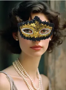 Maschera di carnevale mezza faccia con paillettes dorate, bordo nero e strass brillanti.