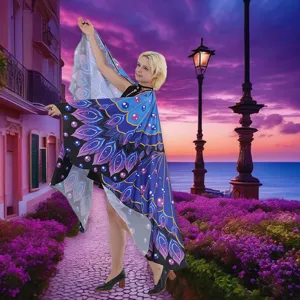 Mantello con ali di farfalla colorate da donna, costume da scialle di pavone per festa e danza.