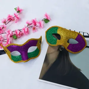 Mardi Gras glitter masquerade mask set, festive party half face eye masks with vibrant colors.