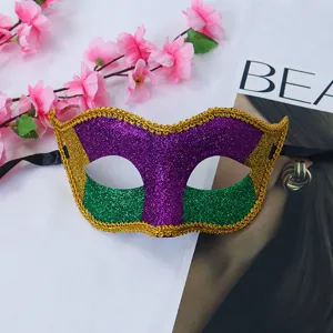 Mardi Gras masquerade mask purple green glitter half face party costume ball accessory