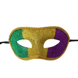 Mardi Gras glitter masquerade mask, green gold purple half face party costume ball prop.