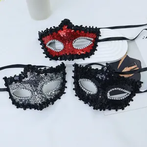 Maschera di Halloween mezza faccia con paillettes e diamanti set di tre accessori per feste