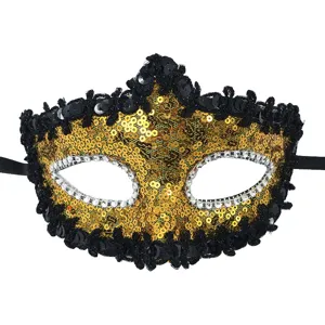 Maschera mezza faccia dorata con paillettes lucide e strass per festa travestimento.