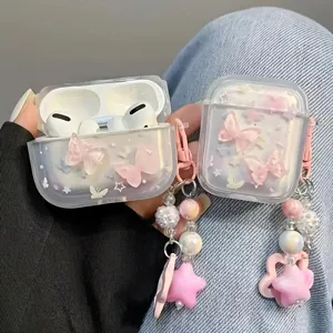 Cute clear AirPods Pro case with 3D pink butterflies and beaded star charm lanyard