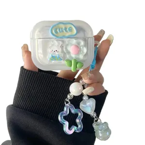 Cute 3D AirPods protective case with bunny flower charms and a beaded heart lanyard