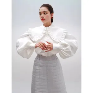Women White Peter Pan Collar Shirt Long Sleeve Ruffle Trim Blouse Polyester Button Down Loose Top Sweet Fashion Shirt