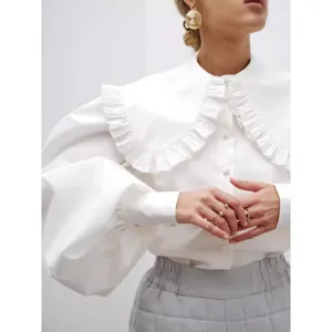 Elegant white cotton blouse with ruffled Peter Pan collar and lantern sleeves for women