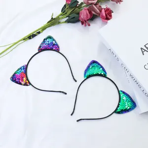 Süße Pailletten Katzenohren Haarreife Set, bunte und grüne Haaraccessoires für Kinder.