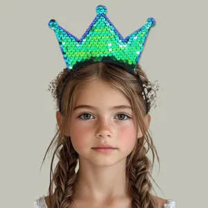 Kids sequin crown headband main product front view showing shiny green festive party hair accessory