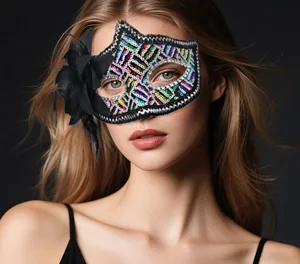 Primo piano del dettaglio della maschera da donna con paillettes colorate e piuma.