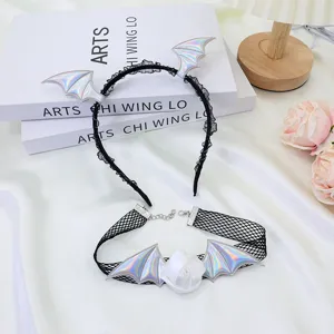 Halloween bat wings headband and choker set with lace and roses for party cosplay.