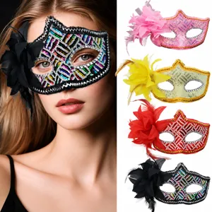 Maschera Veneziana di Paillettes per Donna Maschera a Metà Viso con Giglio e Piume Laterali Sexy per Feste Carnevale Decorazione