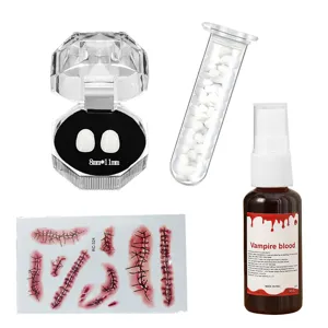 Halloween vampire fangs fake teeth set with fake blood plasma and scar tattoo stickers props.