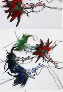 Masque demi-visage en plumes d'Halloween avec strass dentelle et chaîne pour fête