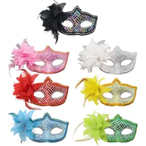 Maschera veneziana mezza faccia con paillettes e fiore piuma per festa ballo costume.