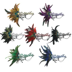 Masque de dentelle de plume d'Halloween fête mascarade demi-visage avec chaîne et strass