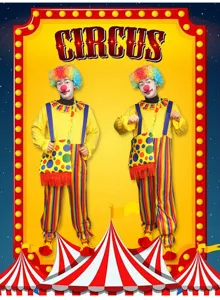 Ensemble de costume de clown de cirque adulte avec perruque arc-en-ciel et pantalon rayé.