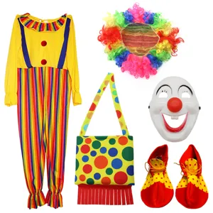 Costume de Clown pour Adultes Halloween pour Cosplay Fête de Cirque Performance Magic Show Accessoires Avec Masque Perruque Chaussures Sac Tenue Colorée Drôle