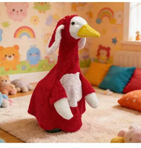 Vue détaillée d'un drôle de décor d'oie de vacances en costume rouge avec de grandes oreilles.