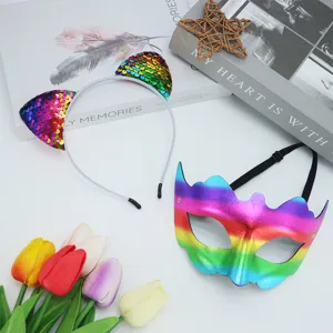 Bandeau oreilles de chat a sequins colores et masque de fete PVC arc-en-ciel set