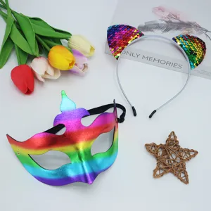 Ensemble serre-tete oreilles de chat a paillettes et masque PVC arc-en-ciel pour fete costume.