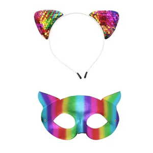 Ensemble serre-tête oreilles de chat à sequins et masque de chat coloré pour accessoires de fête.