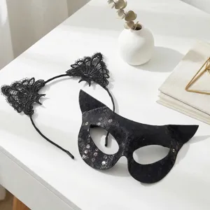 Ensemble Masque de Mascarade Demi Visage en PVC à Paillettes Noires Mystérieuses et Serre tête Oreilles de Chat en Dentelle pour Fête d'Halloween Femme