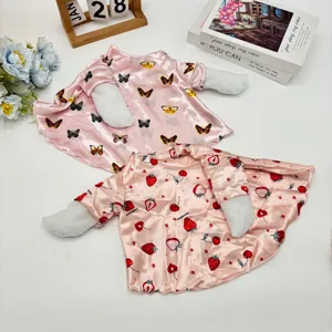 Cute pink silk pet duck clothes with butterfly and strawberry prints for summer.