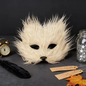 Masque demi-visage renard chat poils longs costume fourrure accessoire de fête