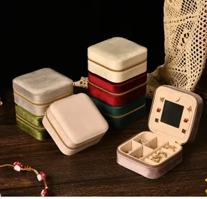 Detail view of a velvet jewelry box showing mirror and internal compartments for rings
