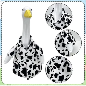 Cow print shirt for garden goose statue, funny courtyard outfit, cute animal clothes for decor.