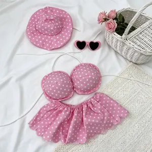 Pink polka dot bikini outfit set with sun hat and sunglasses for 23 inch lawn goose