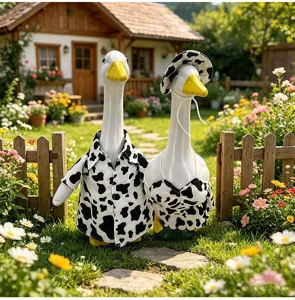 Cute cow print goose statues set with shirt and bikini for summer garden yard porch decor.