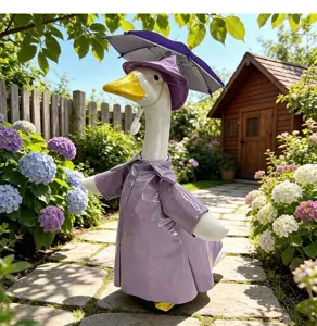 Garten Gans Outfit einfaches lila Regenmantel dreiteiliges Set Hof Deko Kleidung.