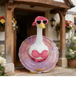 Detail view of a summer bikini porch goose outfit set with sunhat and inflatable swim ring prop.
