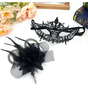 Schwarze Spitzen Maske und Federn Haarschmuck Set für Damen Karneval Party Maskenball Kostüm.