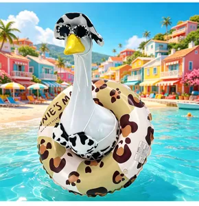 Funny dressed goose statue with bikini and swim ring for outdoor garden pool decor