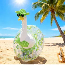 Funny goose costume set with green polka dot bikini, hat and inflatable swim ring for party props.