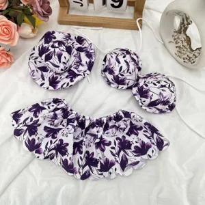 Hawaïaanse bloemige gazongans bikini outfit met bijpassende hoed voor 23 inch veranda gans.