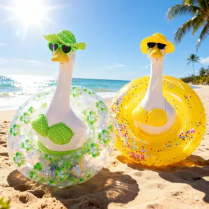 Summer porch goose bikini outfit set with swim ring and sunglasses for garden decor display.